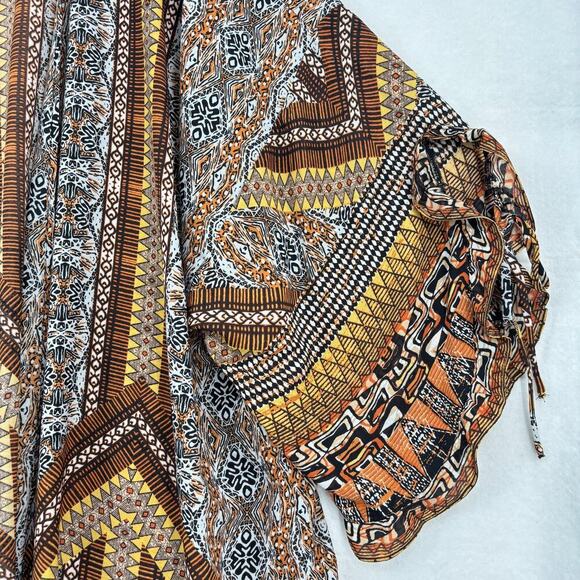 Cato Kimono Plus One Size Brown Yellow Ruffle Tie Sleeve Open Cover Up Duster - Picture 4 of 9